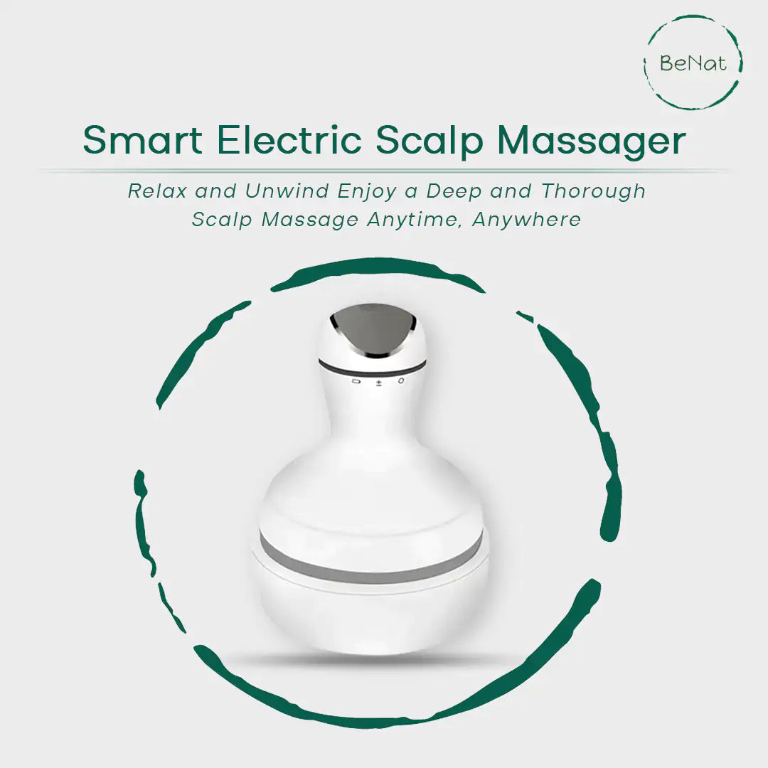 Scalp massager in use showing massage heads on scalp