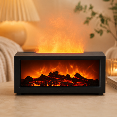 3D Flame Aromatherapy Diffuser and Humidifier glowing white with flickering mist flame effect