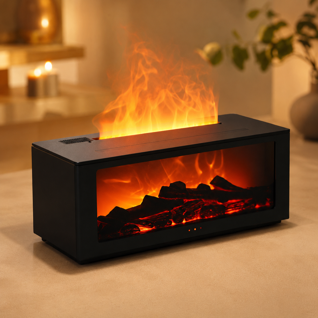 3D Flame Diffuser Humidifier with 7-color LED light modes on nightstand