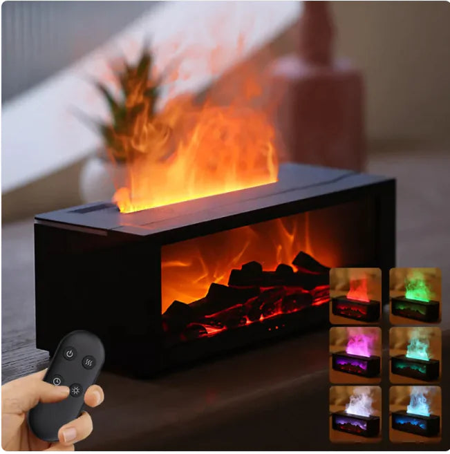 3D Flame Aromatherapy Diffuser glowing in a dark bedroom with mist rising