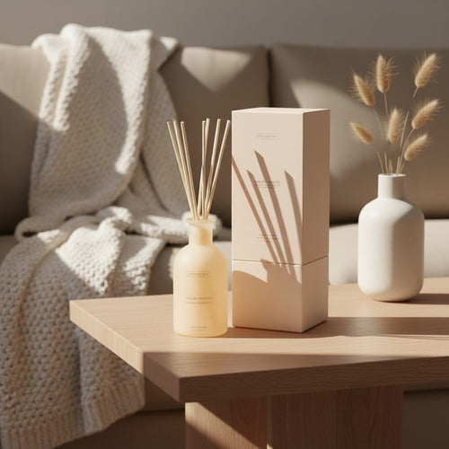Everyday Gems Champagne & Peony Reed Diffuser in a frosted peach bottle with reeds. Includes box.
