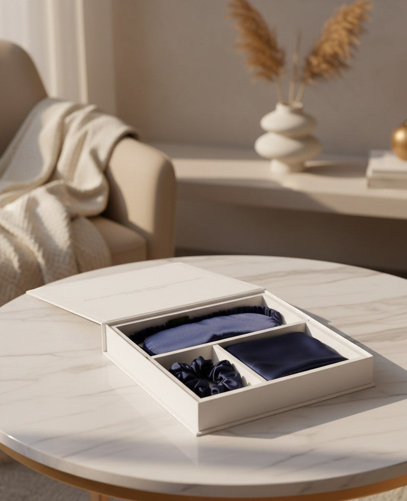 Everyday Gems navy blue silk sleep gift set with eye mask, pillowcase, and scrunchie in a white box.