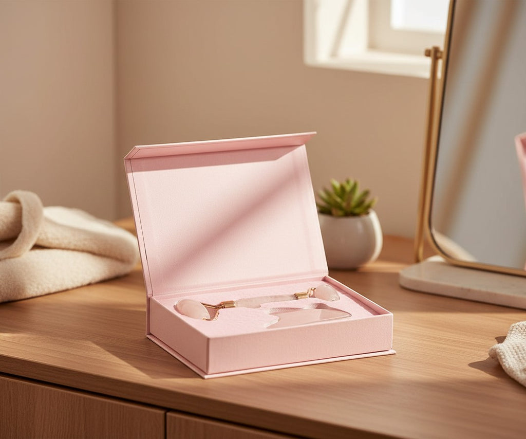 Everyday Gems Rose Quartz Jade Roller & Gua Sha Set with rose-gold frame in a pink gift box.
