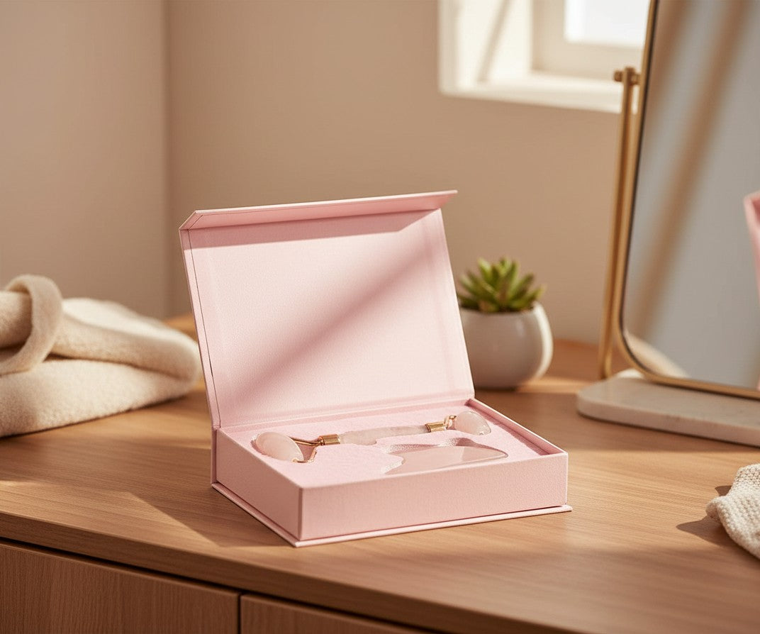 Everyday Gems Rose Quartz Jade Roller & Gua Sha Set with rose-gold frame in a pink gift box.