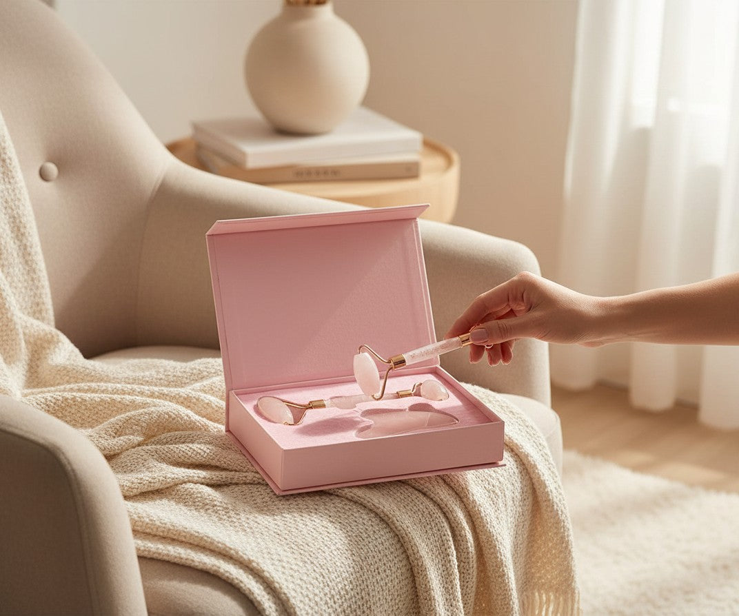 Everyday Gems rose quartz jade roller and gua sha set with rose gold frame in pink gift box