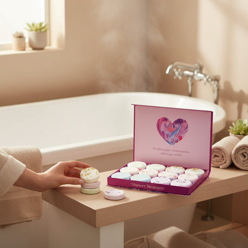 Everyday Gems aromatherapy shower steamers 12-pack with lavender and eucalyptus essential oils in a gift box.