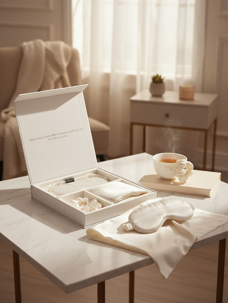 Everyday Gems Luxury Silk Sleep Gift Set includes eye mask, pillowcase, and scrunchie in cream. Elegant gift box.
