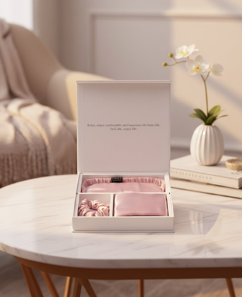 Everyday Gems Luxury Silk Sleep Gift Set in pale pink, includes eye mask, scrunchie, and pillowcase.